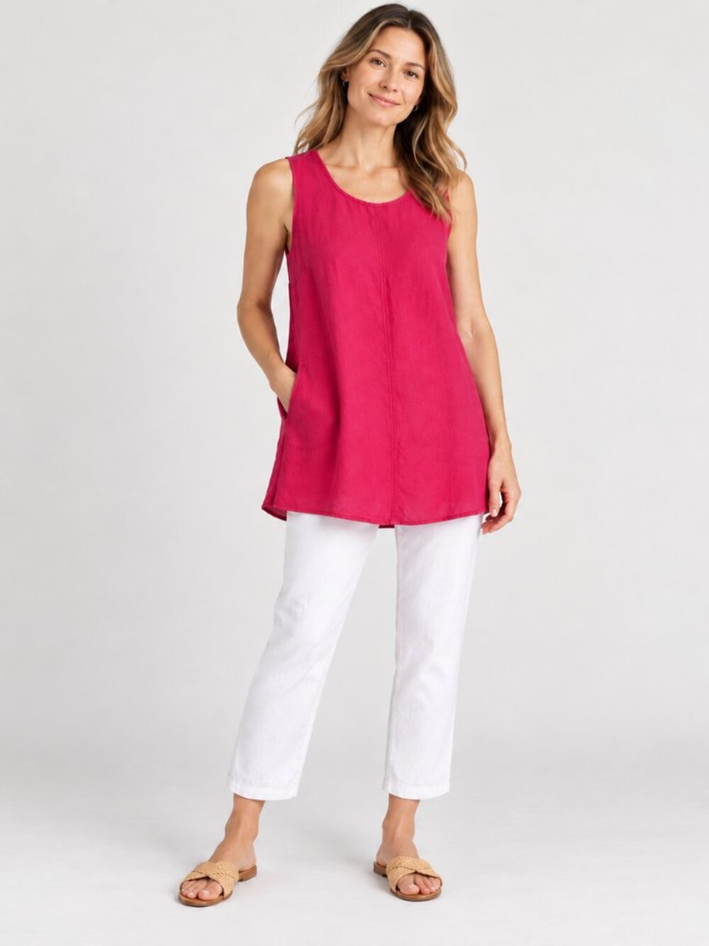 J. Jill Fuchsia PXS Linen Blend Sleeveless Tunic Top Side Pockets Minimalist